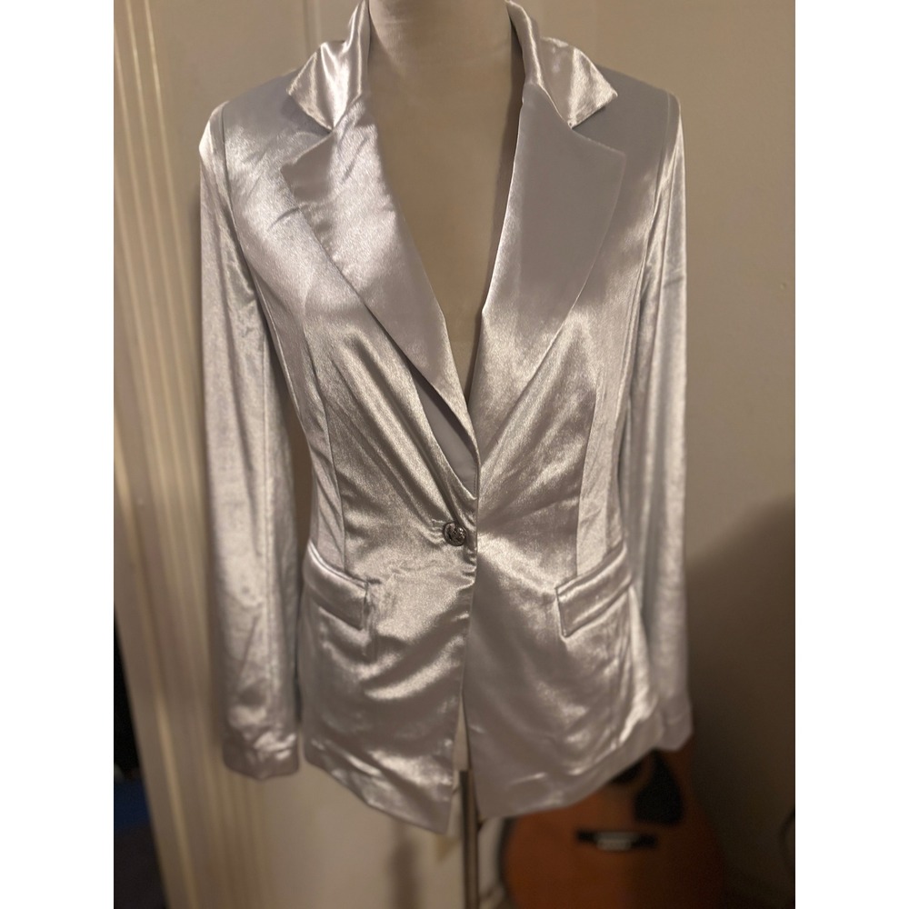 White House Black Market Silver Metallic Blazer Single Button Jacket XS Womens‎
